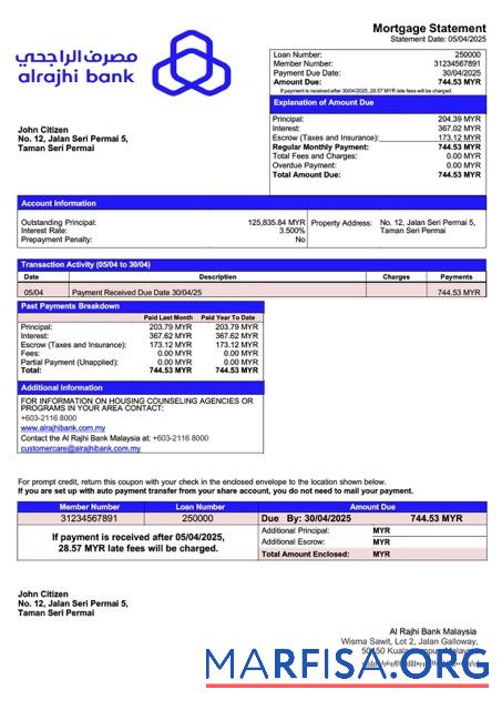Blank Malaysia Al Rajhi Bank Malaysia mortgage statement Word and PDF template